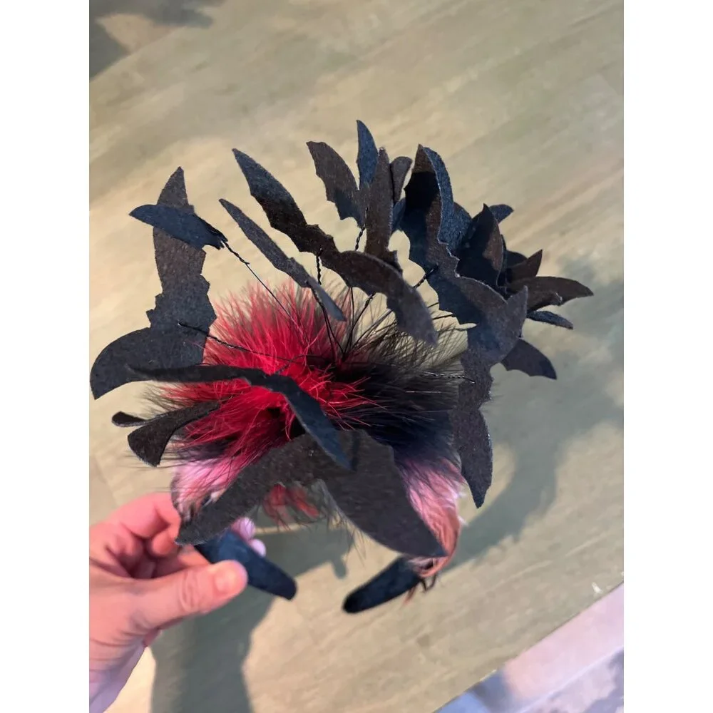 Black Bat Fascinator Headband With Red & Black Feathers Halloween Costume Access